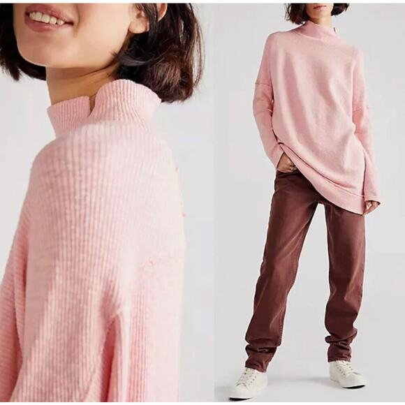 We The Free Pink Free People Casey Ribbed Knit Mock Neck Tunic Longline Sweater - Picture 4 of 11
